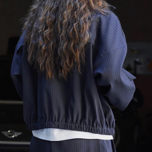 Load image into Gallery viewer, Navy Blue Striped Drawstring Big Size Jacket New Stand Collar Long Sleeve Women Coat Fashion Spring Autumn 2025 1DH7261
