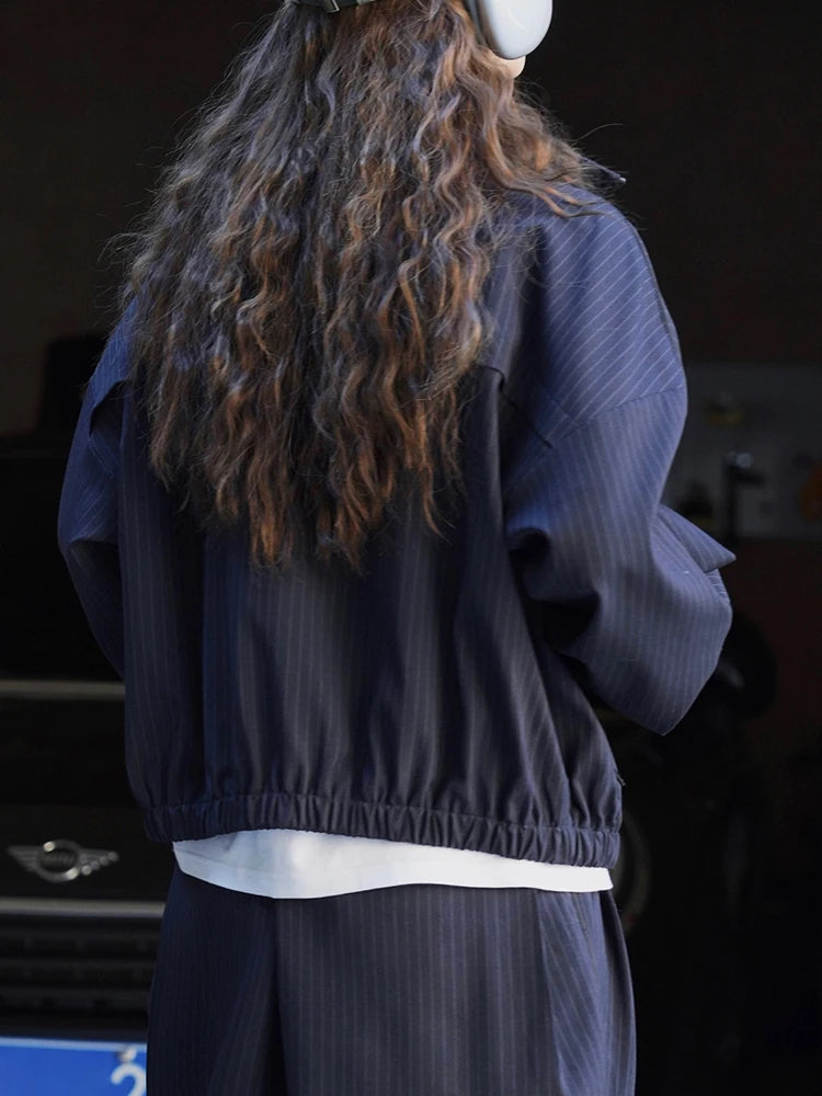 Navy Blue Striped Drawstring Big Size Jacket New Stand Collar Long Sleeve Women Coat Fashion Spring Autumn 2025 1DH7261