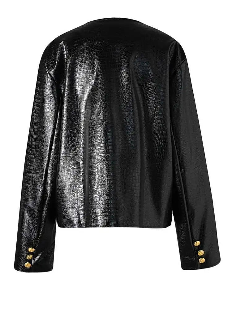 PU Leather Black Brief Big Size Elegant Jacket New O-neck Long Sleeve Women Coat Fashion Tide Spring Autumn 2025 CPG2506