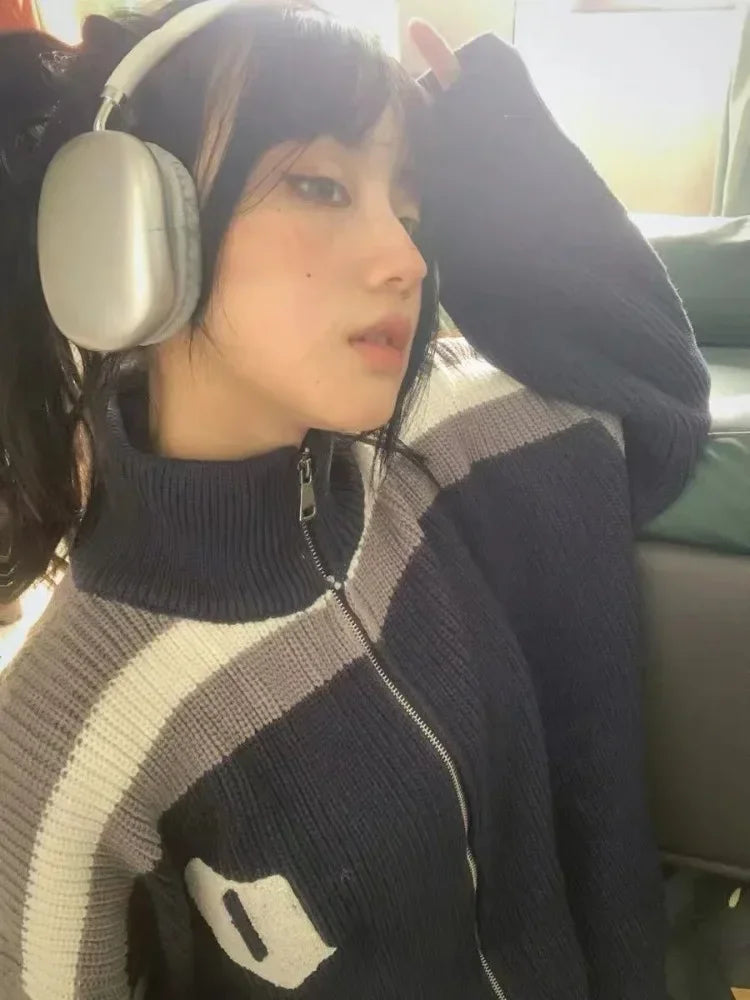 Zipper Harajuku Oversized Cardigans Women Autumn Winter All Match Ins Elegant Sweaters Loose Contrast Color Knitted Coats Y2k