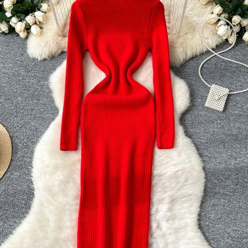Load image into Gallery viewer, Korean Women Solid High Neck Straight Dresses Autumn Winter Slim Long Sleeve Office Knitted Dress Ladies Simplicity Popular Chic
