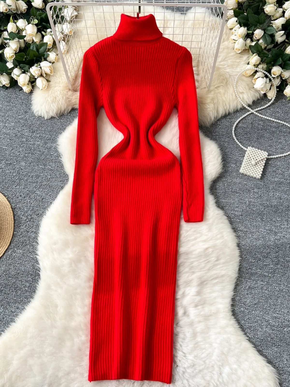 Korean Women Solid High Neck Straight Dresses Autumn Winter Slim Long Sleeve Office Knitted Dress Ladies Simplicity Popular Chic