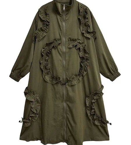 Women Army Green Ruffles Big Size Long Trench New Stand Collar Long Sleeve Windbreaker Fashion Spring Autumn 2025 1DH9215