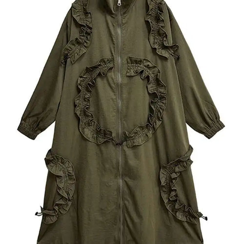 Load image into Gallery viewer, Women Army Green Ruffles Big Size Long Trench New Stand Collar Long Sleeve Windbreaker Fashion Spring Autumn 2025 1DH9215
