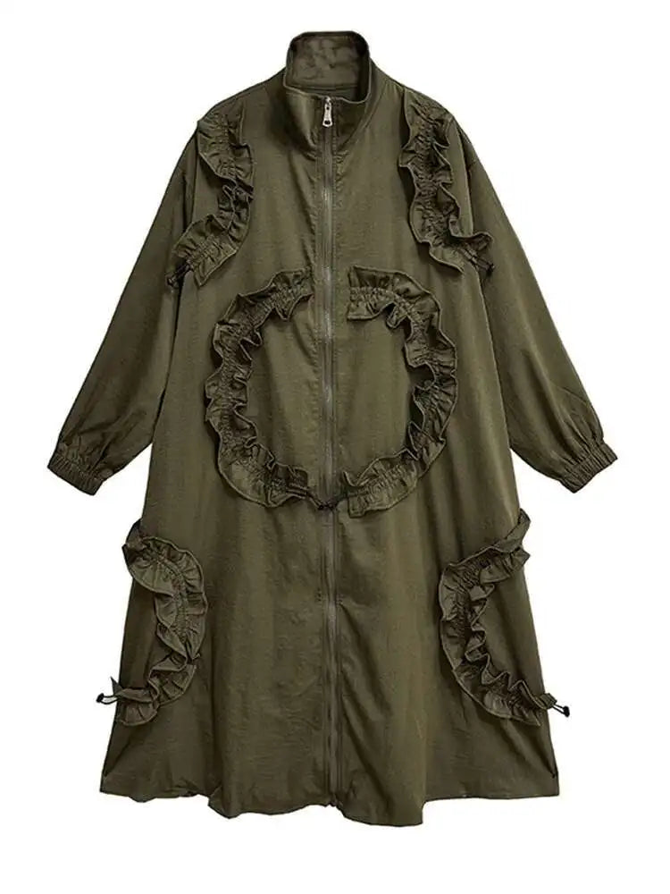 Women Army Green Ruffles Big Size Long Trench New Stand Collar Long Sleeve Windbreaker Fashion Spring Autumn 2025 1DH9215