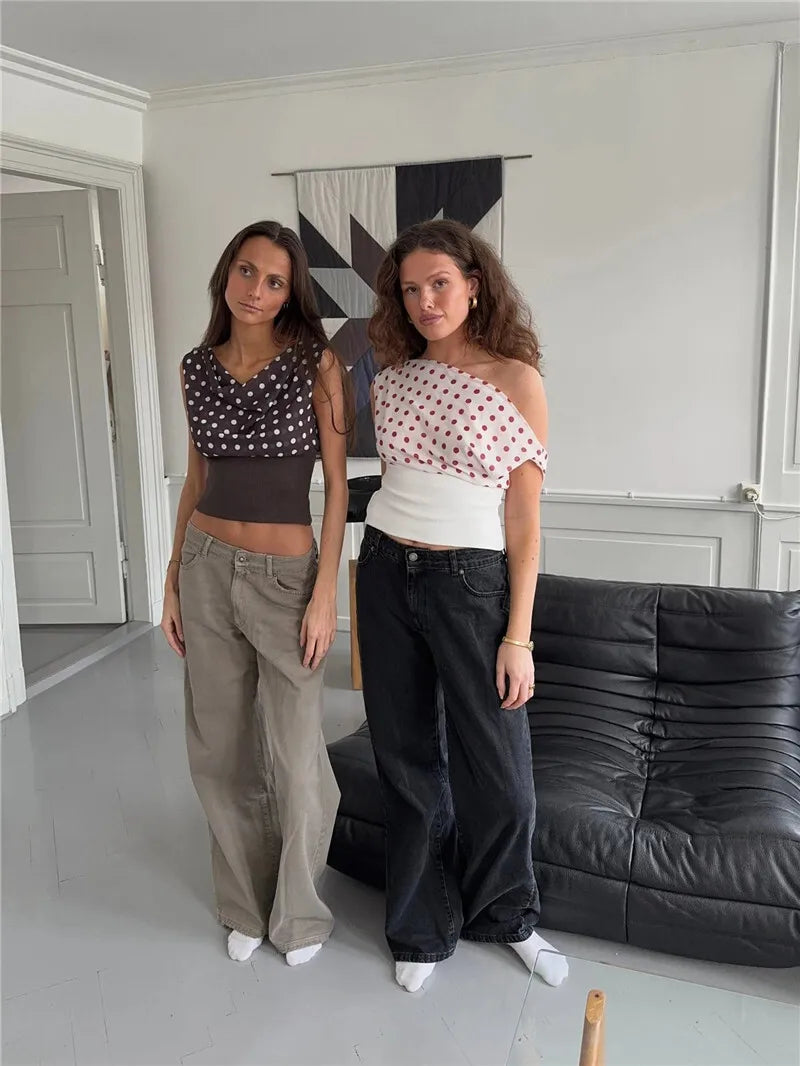 Backless Polka Dot Crop Tops Women Vest Fashion Summer New Oblique Shoulder Sleeveless Tank Tops Pullovers Female