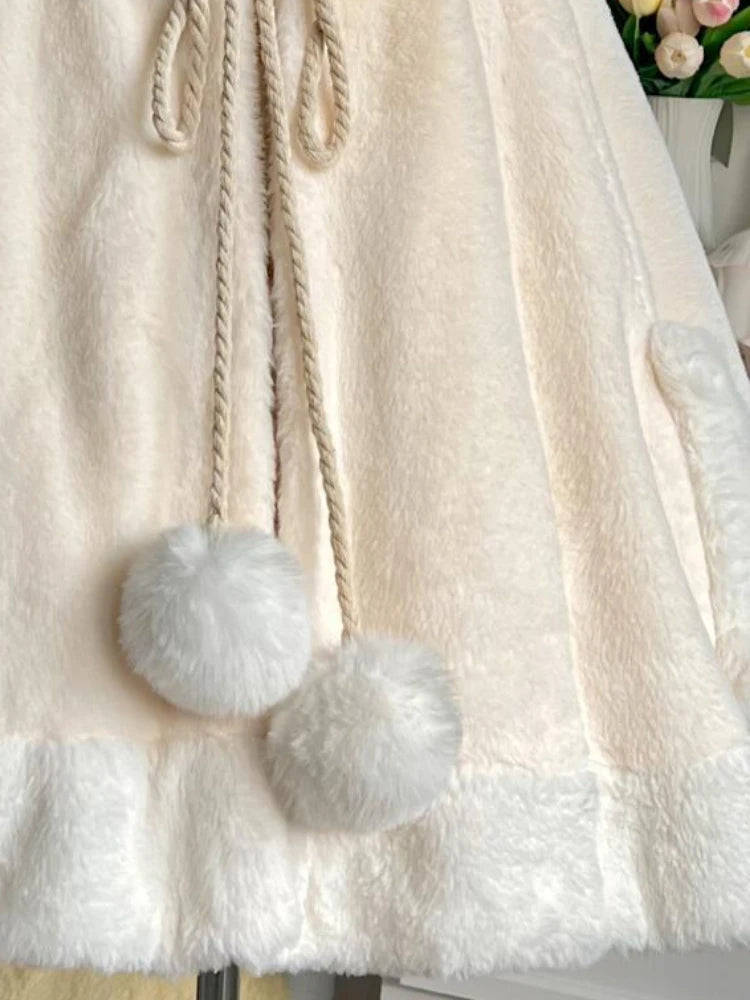 Winter Japanese Sweet Girly Lolita Cloak Coat Y2k Aesthetic Kawaii Bandage Outwear Vintage Casual Loose Cute Ears Hooded Jackets