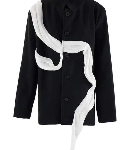 Women Black Ribbon Color-block Big Size Blazer New Stand Collar Long Sleeve Jacket Fashion Tide Spring Autumn 2025 CPG2037