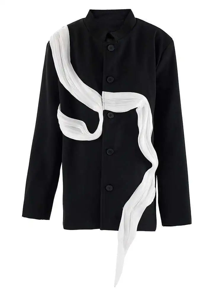 Women Black Ribbon Color-block Big Size Blazer New Stand Collar Long Sleeve Jacket Fashion Tide Spring Autumn 2025 CPG2037