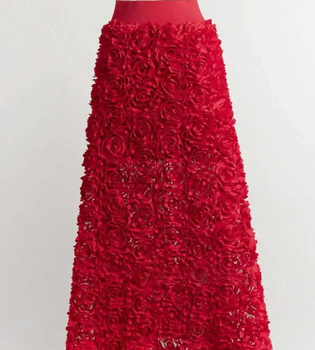 High Elastic Waist Red  Three-dimensional Flower A-line Half-body Skirt Women Fashion Tide New Spring Autumn 20251DH8549