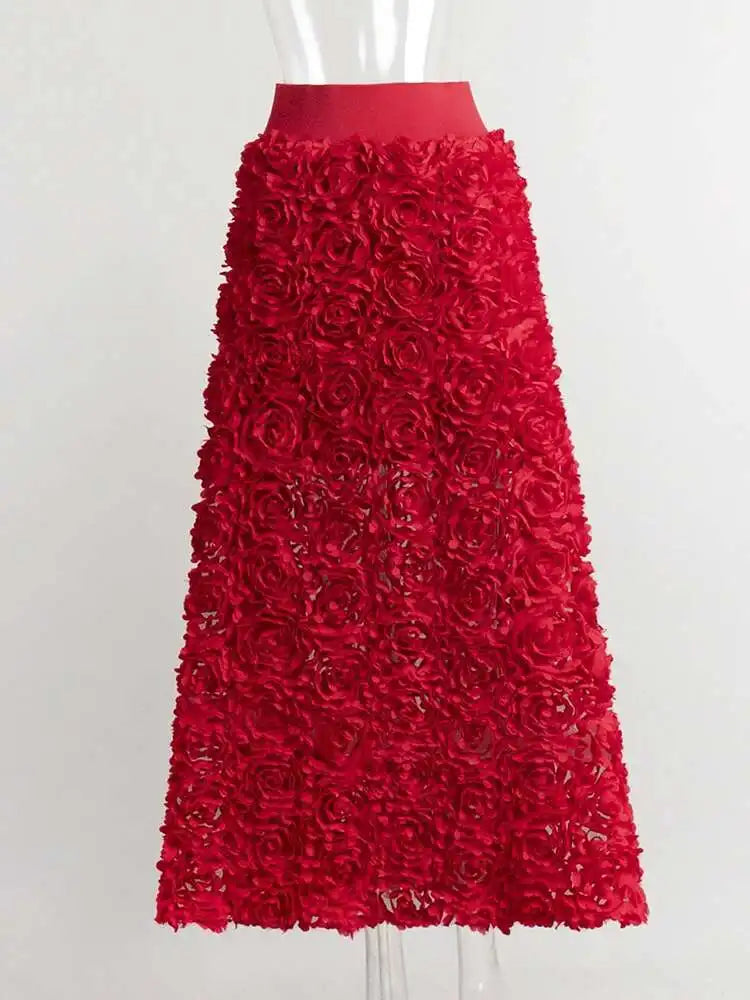 High Elastic Waist Red  Three-dimensional Flower A-line Half-body Skirt Women Fashion Tide New Spring Autumn 20251DH8549