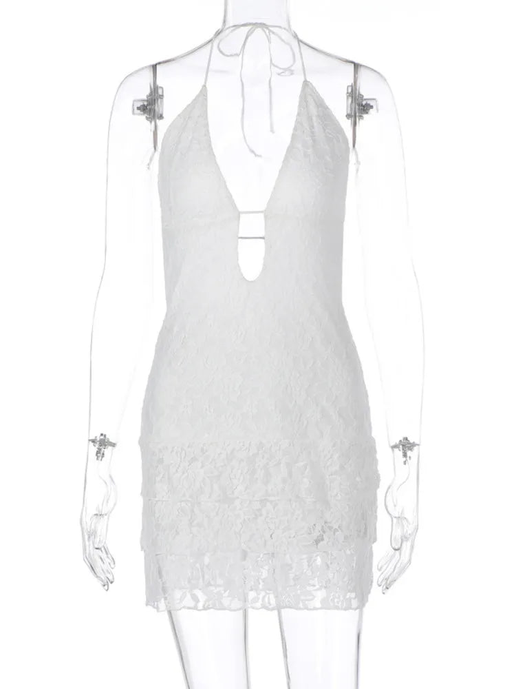 Summer New Sexy Hollow Out Lace Up Hanging Women Dress Temperament Vestido Short Skirt Slim Party Vacation Beach