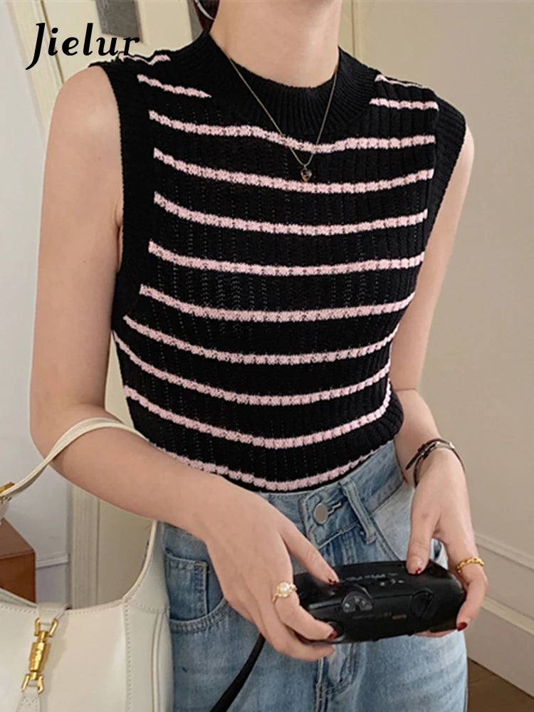 Spell Color Striped Slim Women's Camis Sleeveless O-neck Knitted Summer Fashion Streetwear Outfits Elegant Female Camis