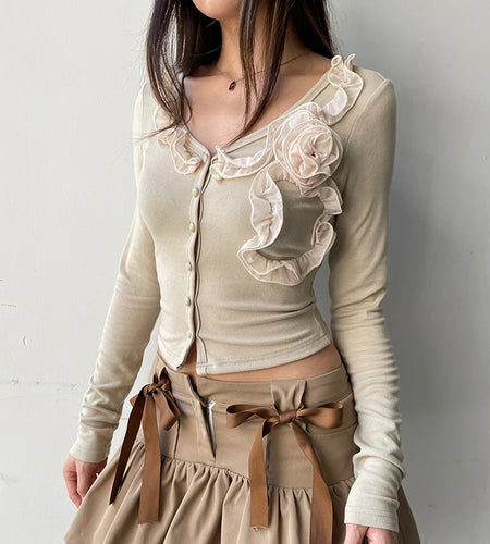 Fashion Sweet Slim Autumn T-shirt Women Floral Ruffles Crop Top Korean Style Y2K Tees Buttons V Neck Cute Clothes New