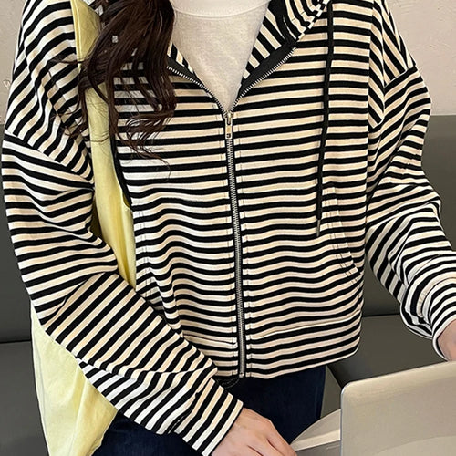 Load image into Gallery viewer, Chic Zipper Female Sweatshirt Hooded Spell Color Black Striped Hoodies Women Autumn Loose Short Jacket Tracksuit M-XL
