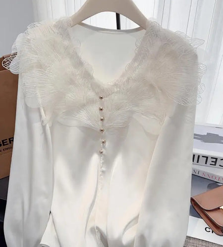 Vintage Women New White Elegant Long Sleeve T-shirt Autumn Beige V Neck Festival Short Pullover Tops Simplicity Popular Clothing