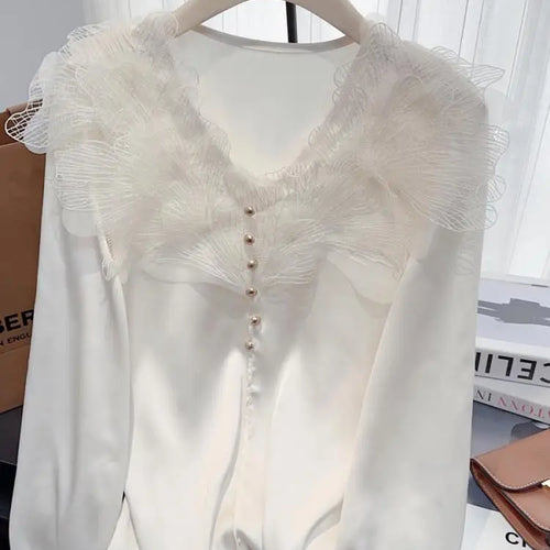 Load image into Gallery viewer, Vintage Women New White Elegant Long Sleeve T-shirt Autumn Beige V Neck Festival Short Pullover Tops Simplicity Popular Clothing
