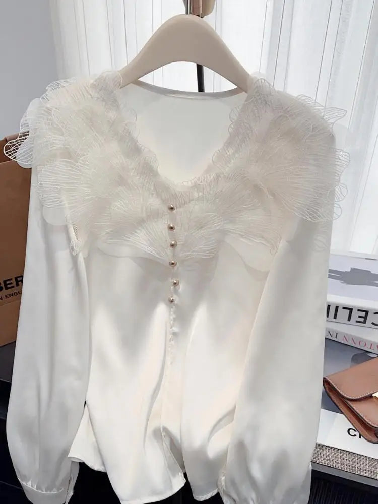 Vintage Women New White Elegant Long Sleeve T-shirt Autumn Beige V Neck Festival Short Pullover Tops Simplicity Popular Clothing