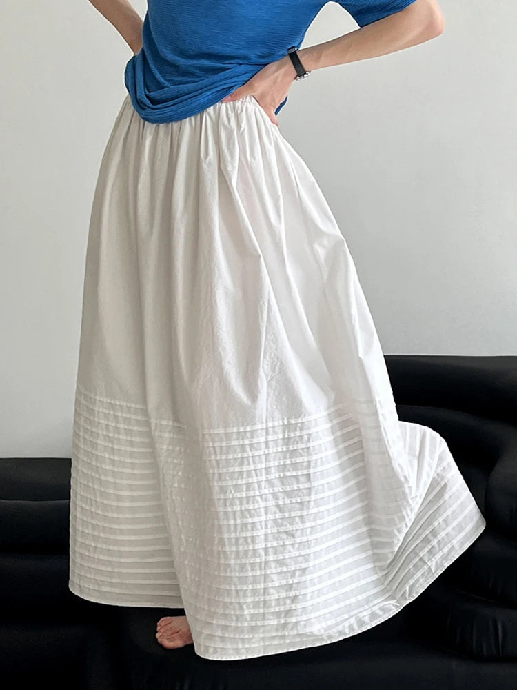 High Elastic Waist White Striped Pleated Midi A-line Half-body Skirt Women Fashion Tide New Spring Autumn 2025 1DJ1423