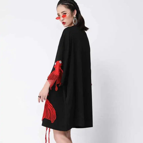 Load image into Gallery viewer, Women Black Fish Embroidery Knee Length Big Size Dress New Round Neck Wrist Sleeve Fashion Tide Spring Autumn 2025 OA868
