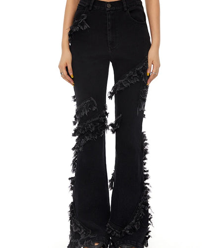 Patchwork TASSEL Denim Pants For High Waist Spliced Button Solid Vintage High Street Boot Cut Jeans Female Fashion