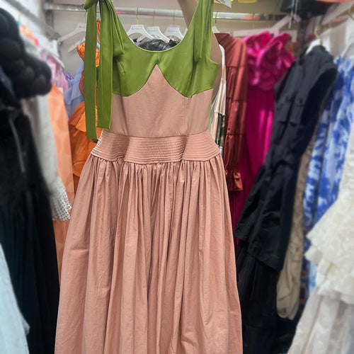 Load image into Gallery viewer, Hit Color Spliced Bowknot Sweet Long Dresses for Women V Neck Sleeveless High Waist Patchwork Ruffles Dress Female
