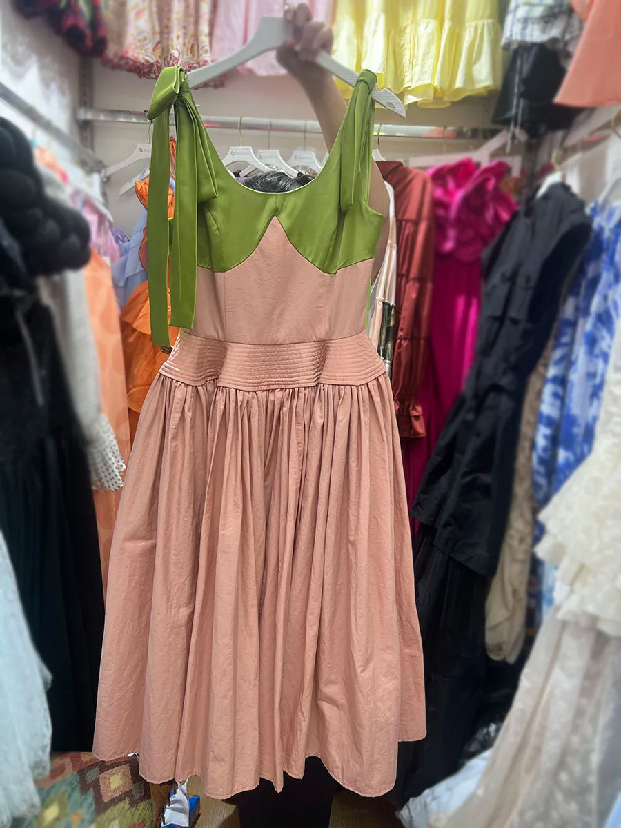 Hit Color Spliced Bowknot Sweet Long Dresses for Women V Neck Sleeveless High Waist Patchwork Ruffles Dress Female