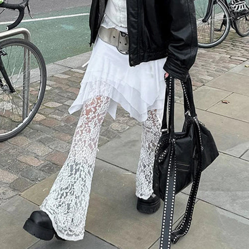 Load image into Gallery viewer, Fashion Y2K White Lace Trousers See Through Ruffles Patchwork Tierred Vintage 2000s Flared Pants Female Hottie Bottom
