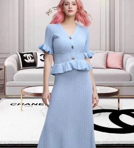 Women Black White V-neck Single Breasted Ruffles Knitted Dresses For Fashion Spring Summer Blue Elegant Short Sleeved Long Dress