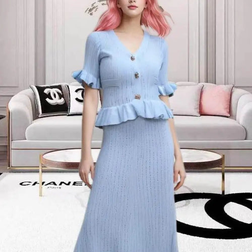 Load image into Gallery viewer, Women Black White V-neck Single Breasted Ruffles Knitted Dresses For Fashion Spring Summer Blue Elegant Short Sleeved Long Dress
