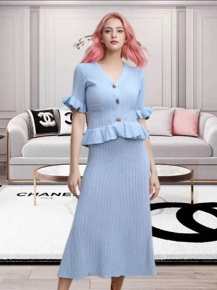 Women Black White V-neck Single Breasted Ruffles Knitted Dresses For Fashion Spring Summer Blue Elegant Short Sleeved Long Dress