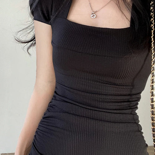 Load image into Gallery viewer, Korean Fashion Square Neck Bodycon Short Sleeve Black Dress Female Basic Solid Ruffles Summer Dresses Ruched Outfits
