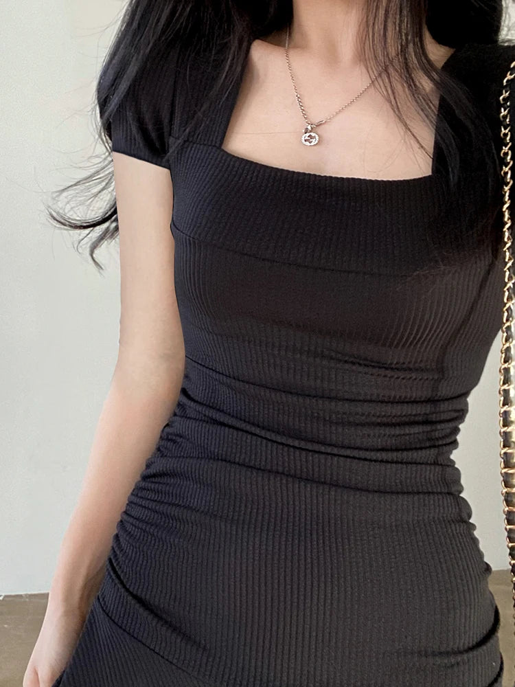 Korean Fashion Square Neck Bodycon Short Sleeve Black Dress Female Basic Solid Ruffles Summer Dresses Ruched Outfits