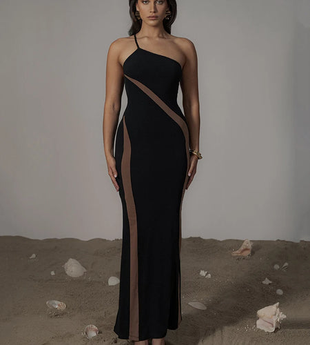 Patchwork One Shoulder Sexy Maxi Dress For Women Black Off-shoulder Backless Bodycon Club Party Evening Long Dress