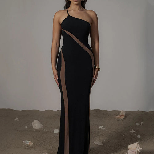 Load image into Gallery viewer, Patchwork One Shoulder Sexy Maxi Dress For Women Black Off-shoulder Backless Bodycon Club Party Evening Long Dress
