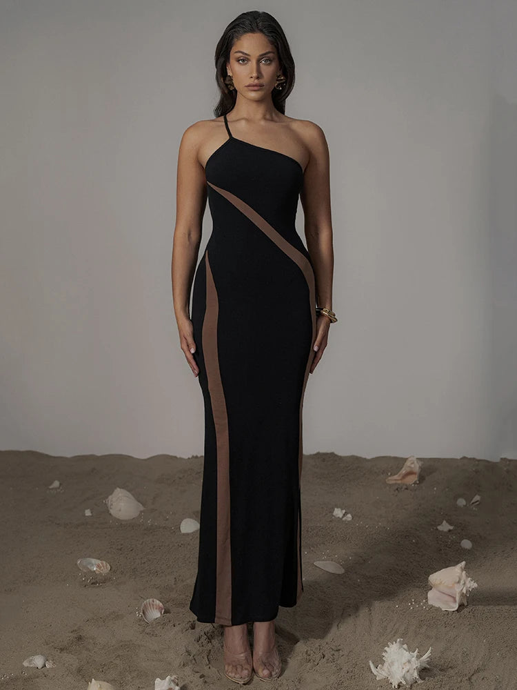 Patchwork One Shoulder Sexy Maxi Dress For Women Black Off-shoulder Backless Bodycon Club Party Evening Long Dress