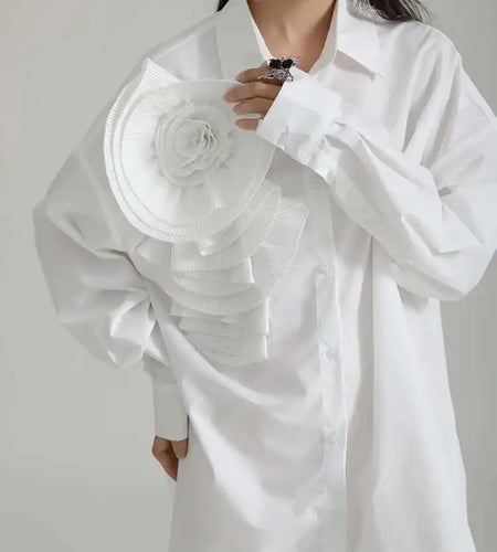 Women Blue Pleated Flower Big Size Blouse New Lapel Long Sleeve Loose Fit Shirt Fashion Tide Spring Autumn 2025 1DH0316