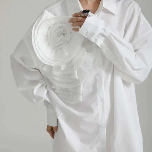 Load image into Gallery viewer, Women Blue Pleated Flower Big Size Blouse New Lapel Long Sleeve Loose Fit Shirt Fashion Tide Spring Autumn 2025 1DH0316
