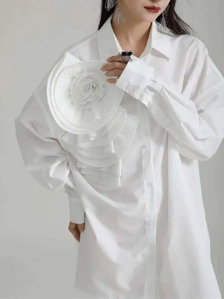 Women Blue Pleated Flower Big Size Blouse New Lapel Long Sleeve Loose Fit Shirt Fashion Tide Spring Autumn 2025 1DH0316