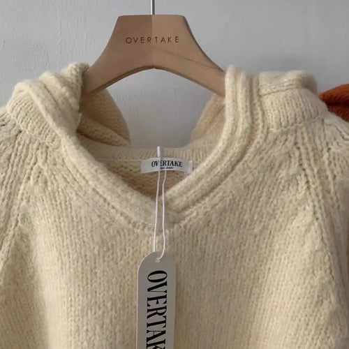 Load image into Gallery viewer, Korean Fashion Women Beige Blue Elegant Loose Knitted Short Sweater Autumn Winter Orange Long Sleeve Hooded Pullover Tops Casual
