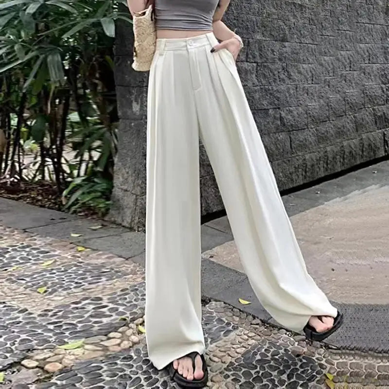 Fashion Solid Button Versatile Wide Leg Long Pant Women's Spring Summer High Waist Baggy straight Pleated Trousers Streetwear