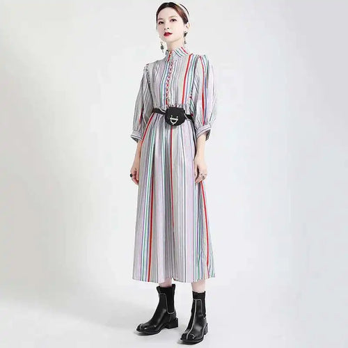 Load image into Gallery viewer, Women Striped Spliced Long Shirt Dress New Stand Collar Three-quarter Sleeve Loose Fit Fashion Spring Autumn 2025 1DE0219

