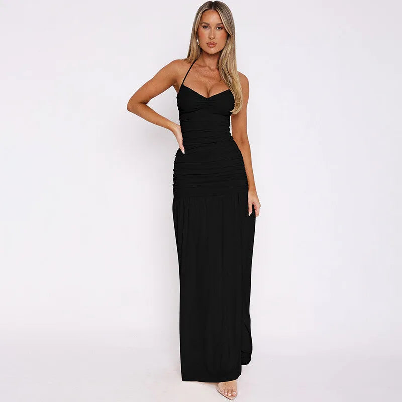 Spaghetti Strap Split Sexy Maxi Dress For Women Elegant Halter Sleeveless Backless High Waist Bodycon Club Party Dress