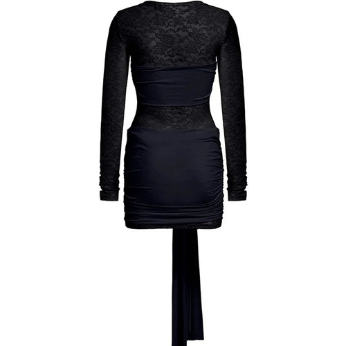 Load image into Gallery viewer, Lace See Through Draped Mini Dress Women Robe Elegant Patchwork Long Sleeve Slim Ruched Club Party Dress Clubwear
