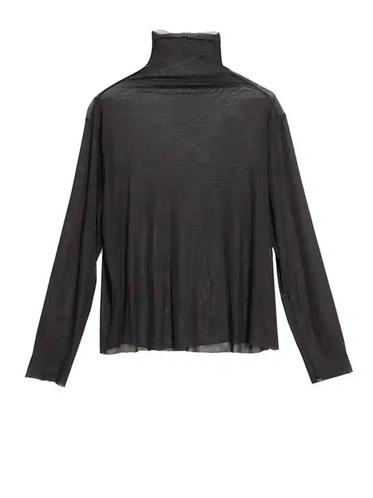 Women Black Mesh Perspective Irregular Thin T-shirt New Turtleneck Long Sleeve Fashion Tide Spring Autumn 2025 1DH7665