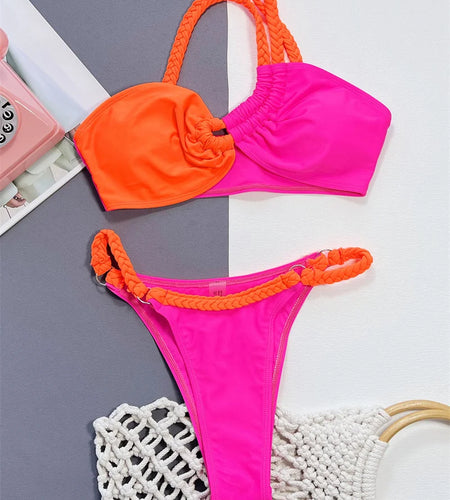 Patchwork One Shoulder Bikini Set Asymmetric Female Brazilian Swimsuit Women Swimwear Thong Bathing Suit