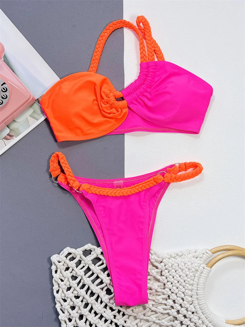 Patchwork One Shoulder Bikini Set Asymmetric Female Brazilian Swimsuit Women Swimwear Thong Bathing Suit