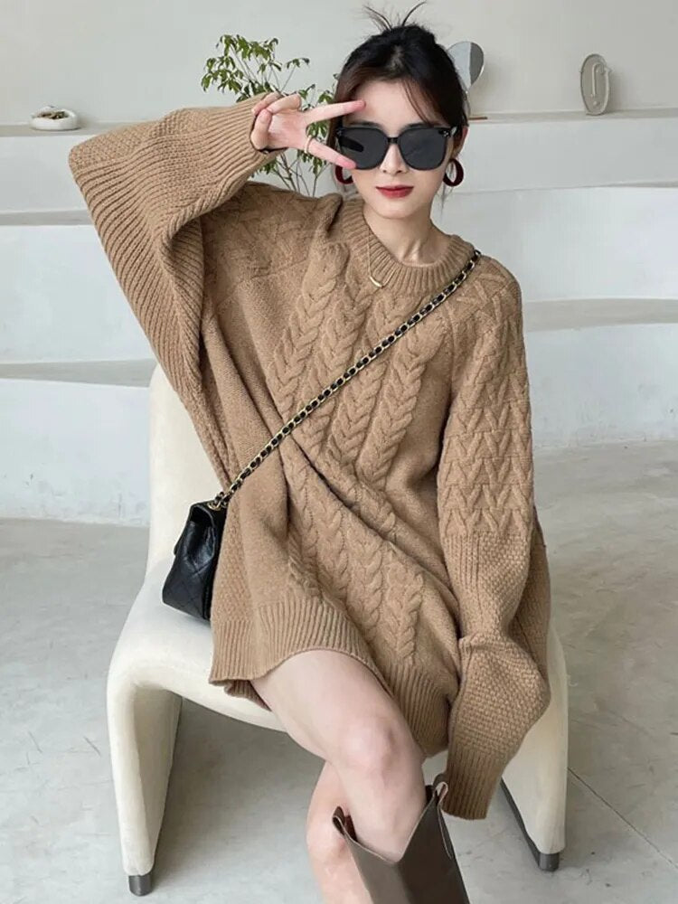 Vintage Knitting Sweater For Women Round Neck Long Sleeve Solid Minimalist Casual Pullover Female Clothing Autumn