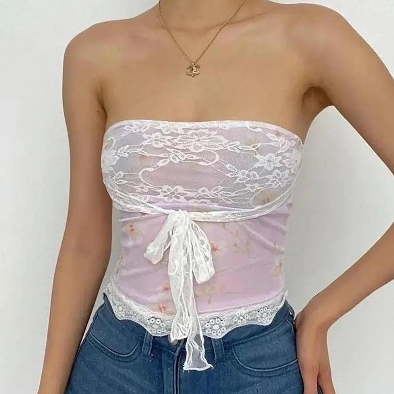 Sweet Korean Strapless Summer Mini Tube Top Cute Coquette Printed Lace Patchwork Holidays Crop Tops Women Tie-Up Cute