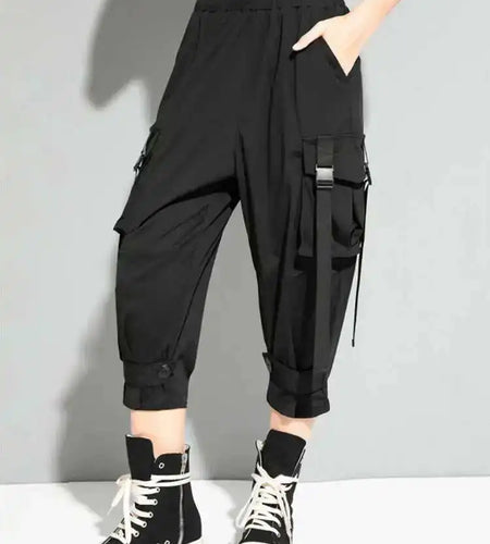 High Elastic Waist Black Bandage Pockets Casual Pants New Loose Fit Trousers Women Fashion Tide Spring Autumn 2025 1DF4764